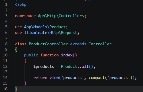 Kode ProductController yang terhubung dengan model Product